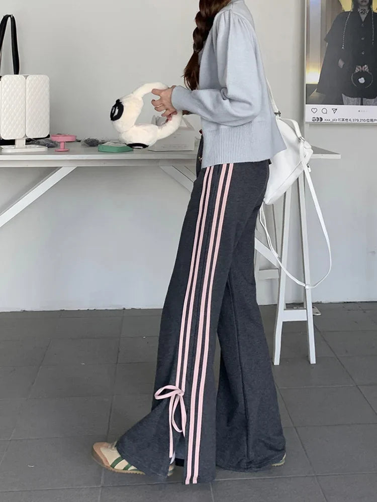 Realmefit  Y2K Fairycore Bow Sweatpants Women Korean Fashion Ribbon Gray Jogger Pants Harajuku Sweet Girly Striped Flare Trousers