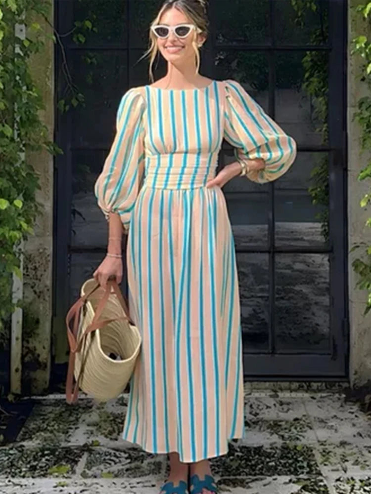 REALMEFIT  -  Summer Puff Sleeve Boho Maxi Dress Women Elegant Casual Striped backless Round Neck Loose Holiday Beach Dresses Party Vestidos