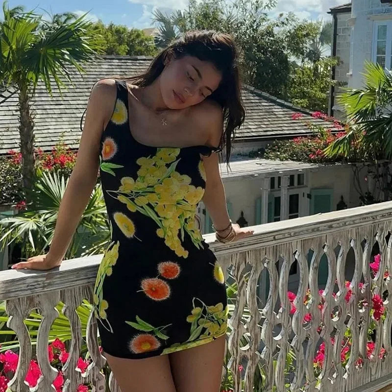 REALMEFIT  -  Flower Print Sleeveless Mini Bodycon Dress Vacation Summer Dresses for Women Sexy Kylie Jenner Outfits C66-BF16