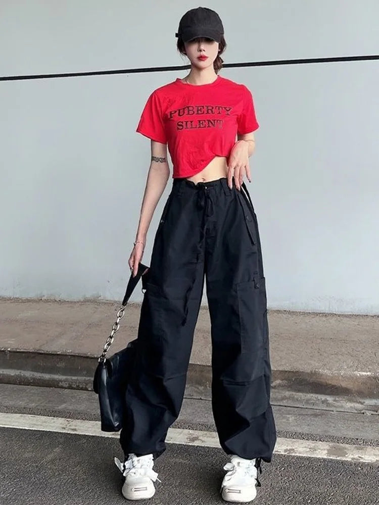 Realmefit   Hip Hop Retro Green Cargo Pants Women Y2K Harajuku Oversize Wide Leg Black Parachute Trousers Female Vintage Streetwear