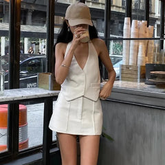 OKLULU  - Casual Commute Autumn New Sleeveless V Neck Slim Tank Top With High-waist Sexy Mini Skirt Fashion Women 2 Piece Set