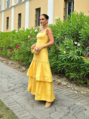 Realmefit  Yellow Linen Sequin Church Dresses For Women Elegant Classy 2024 Ruffled High Waist Sling Long Dress Female Party Vestidos