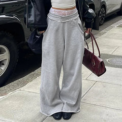 REALMEFIT  -  Baggy Y2k Grey Sweatpants Woman Casual Vintage Streetwear Wide Leg Pants Sports High Waist Floor Length Basic Trousers