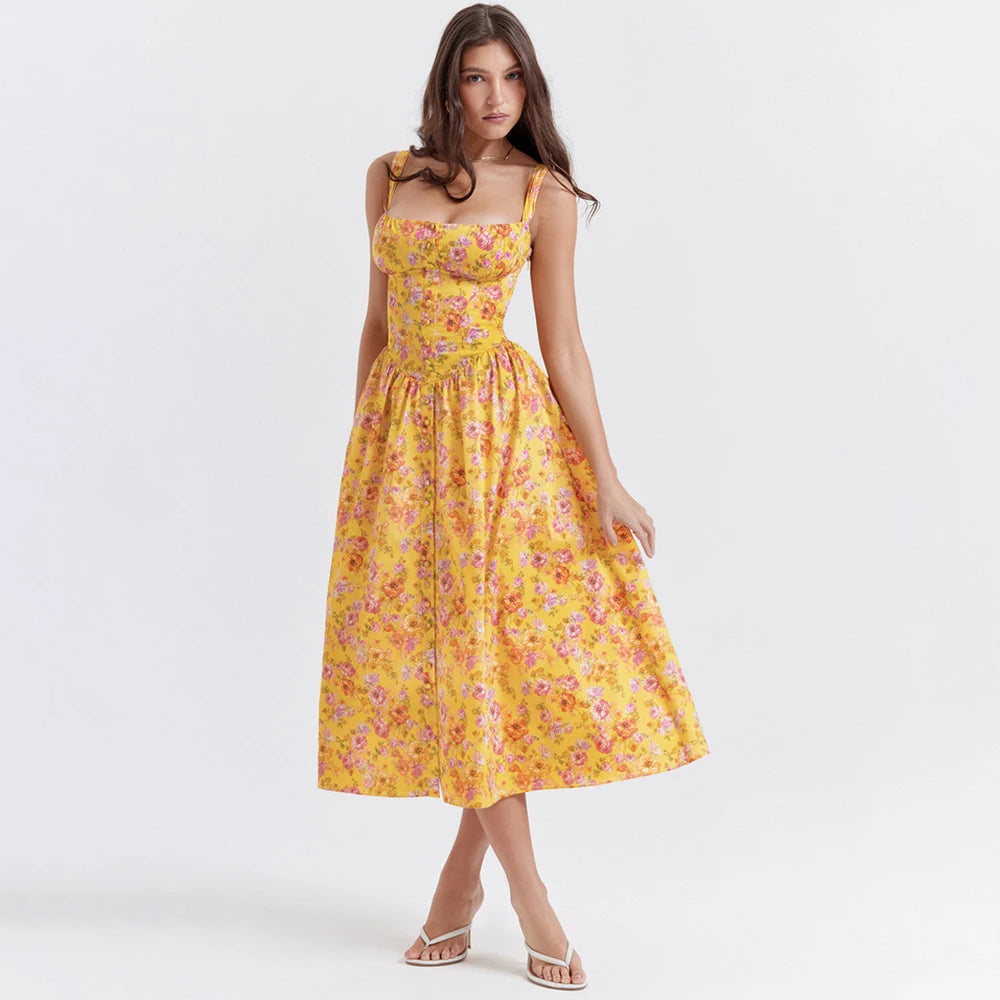 REALMEFIT  -  Summer Elegant Floral Print Midi Holiday Dress with Pocket Yellow Back Lace Up Party Dresses Casual Women Dress