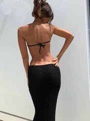 Realmefit   Elegant Backless Halter Dresses For Women Hollow Out Fashion Slim Patchwork Lace-Up Ladies Maxi Dress Summer Party Dress