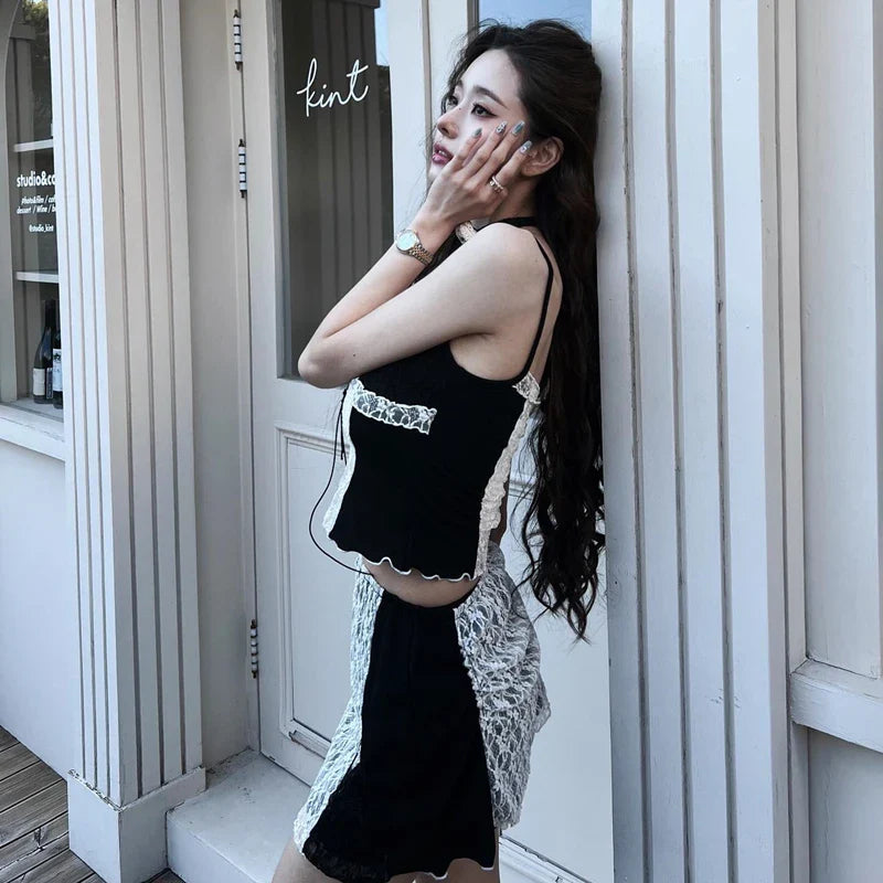 OKLULU  -  Korean Fashion Y2K Lace Two Piece Set with Mesh Perspective Hollow Open Belly Short Top Straight Tube Splicing Skirt