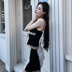 OKLULU  -  Korean Fashion Y2K Lace Two Piece Set with Mesh Perspective Hollow Open Belly Short Top Straight Tube Splicing Skirt