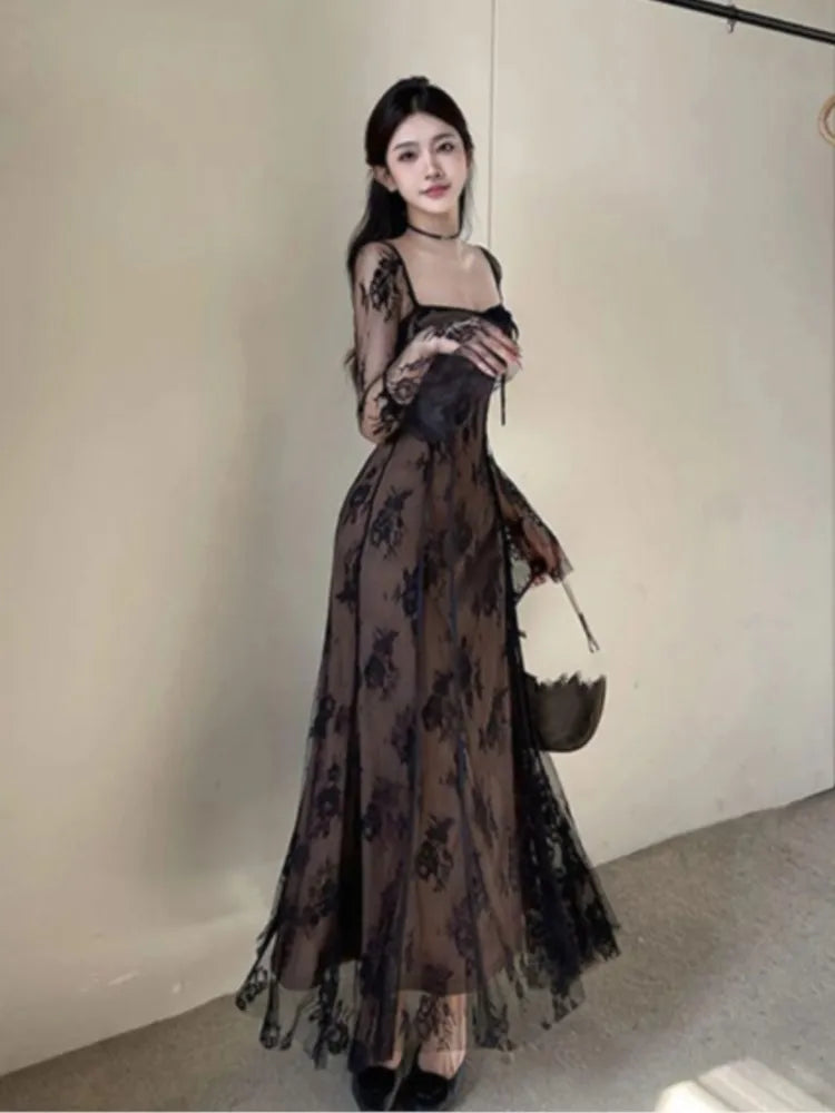 Realmefit  Spring France Elegant Mesh Dresses Women's Long Sleeve Lace Up Evening Party Club Vestido Summer Vintage Robe Mujer