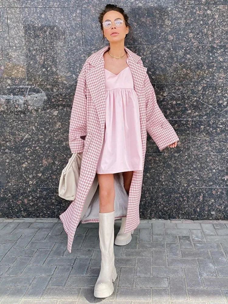 Realmefit  Houndstooth Trench Coat For Women Autumn Fashion Slim Long Coats Women's Winter Street Temperament Clothes Woman New