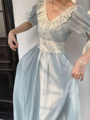 Realmefit  Fairy Party Dress Women  Summer Vintage Blue Lace Meash Princess Dress Kawaii Lolita Elegant Casual One Piece Vestidos