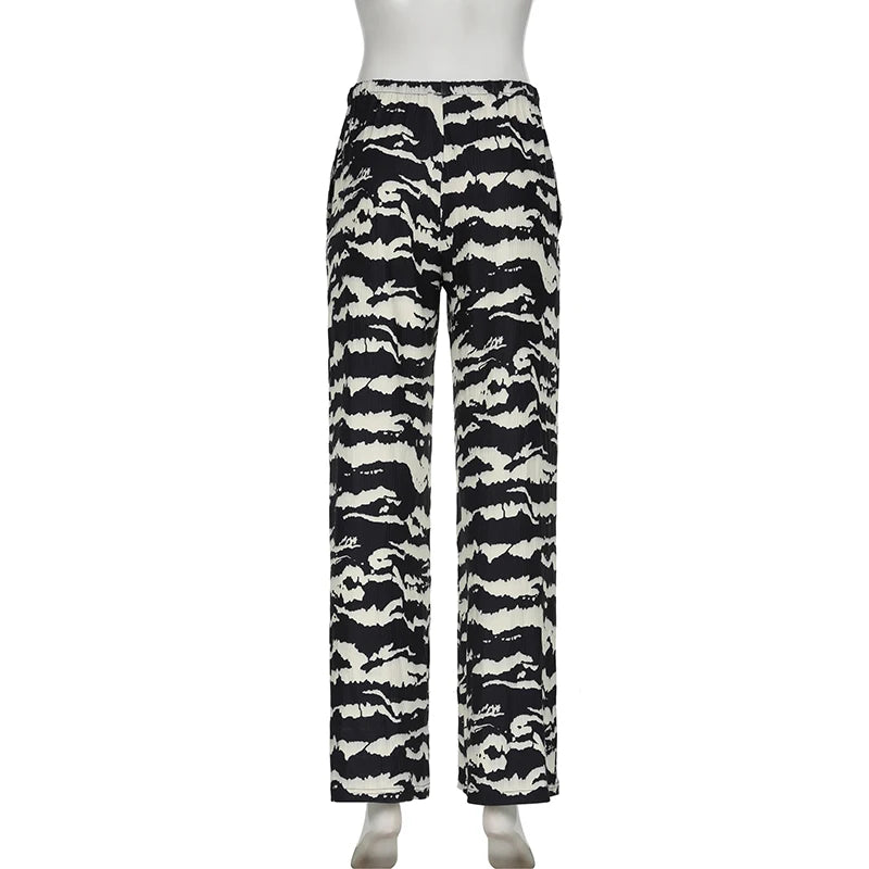 REALMEFIT  -  Zebra-striped Casual Pants Fashion Black White Contrast Color Knit Pants Loungewear Drawstring Straight Trousers Autumn