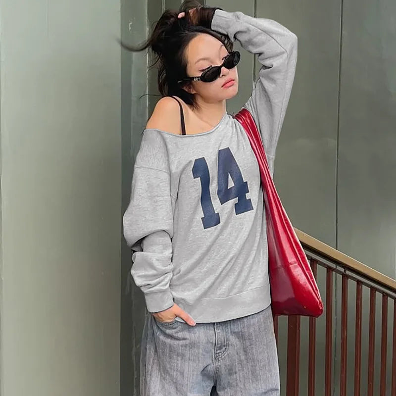 REALMEFIT  -  Y2k Graphic Baggy Hoodies One Shoulder Long Sleeve Tees Casual Loose Pullovers Women Clothing Fall Winter 2024 P70CC40