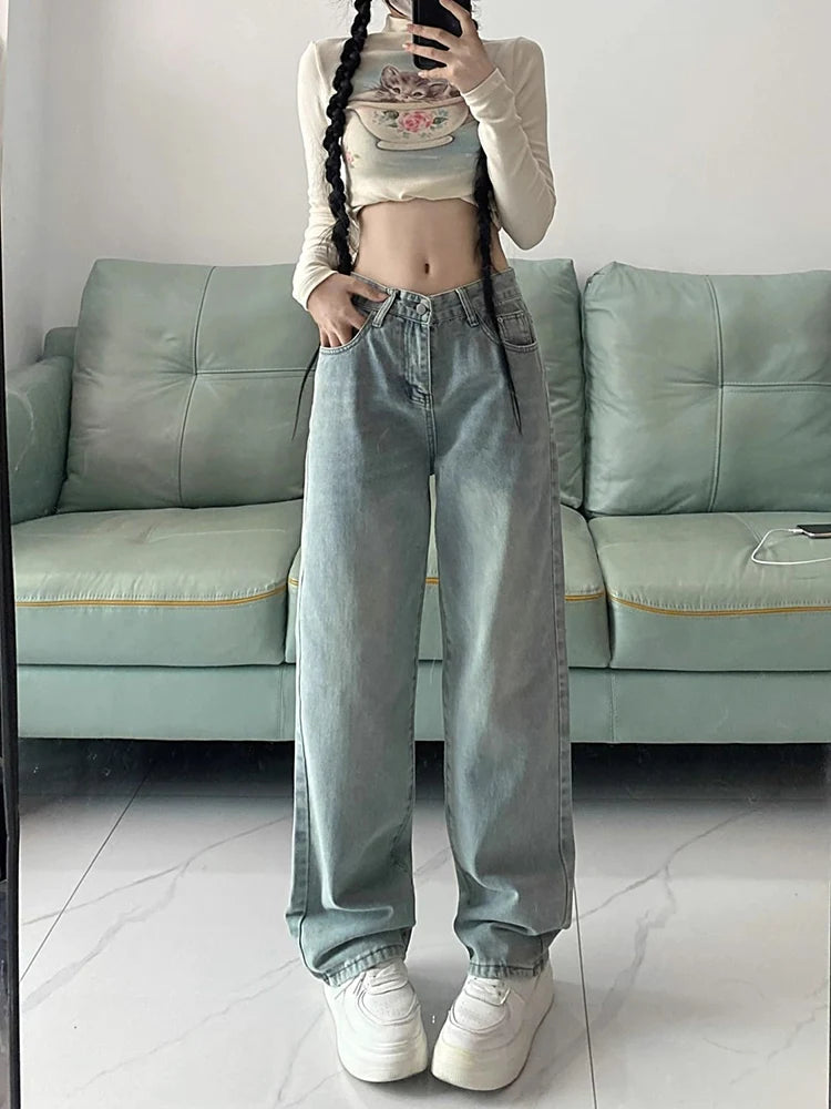 Realmefit   Vintage Straight Leg Jeans for Women Y2k Streetwear Light Blue High Waist Denim Pants Ladies Wide Leg Jeans Casual