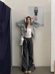 Realmefit  Y2K Fairycore Bow Sweatpants Women Korean Fashion Ribbon Gray Jogger Pants Harajuku Sweet Girly Striped Flare Trousers