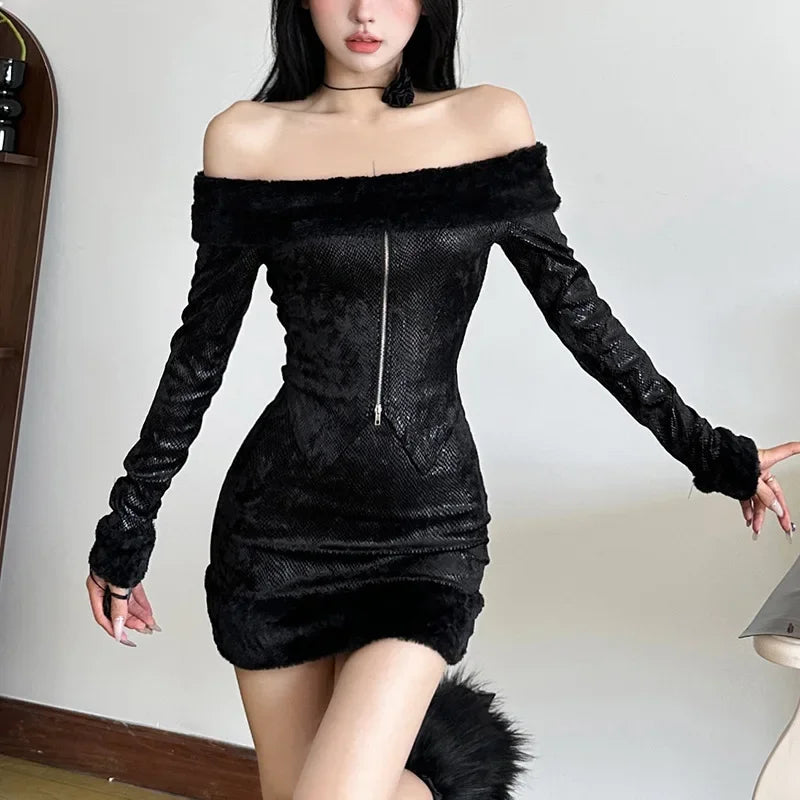 REALMEFIT  -  2 Piece Set Fluffy Faux Fur Mini Skirt Off Shoulder Zip Up Jacket Sexy Club Wear Outfits Women Winter Clothes P94-FA35