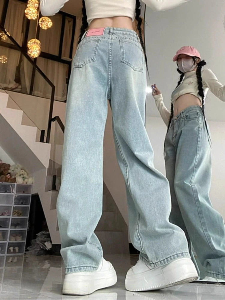 Realmefit   Vintage Straight Leg Jeans for Women Y2k Streetwear Light Blue High Waist Denim Pants Ladies Wide Leg Jeans Casual