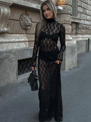 Realmefit   See-through Mesh Tight Maxi Dress Sexy Hollow Out Lace Mesh Patchwork Women Fashion Full Sleeve Banquent Long Dress