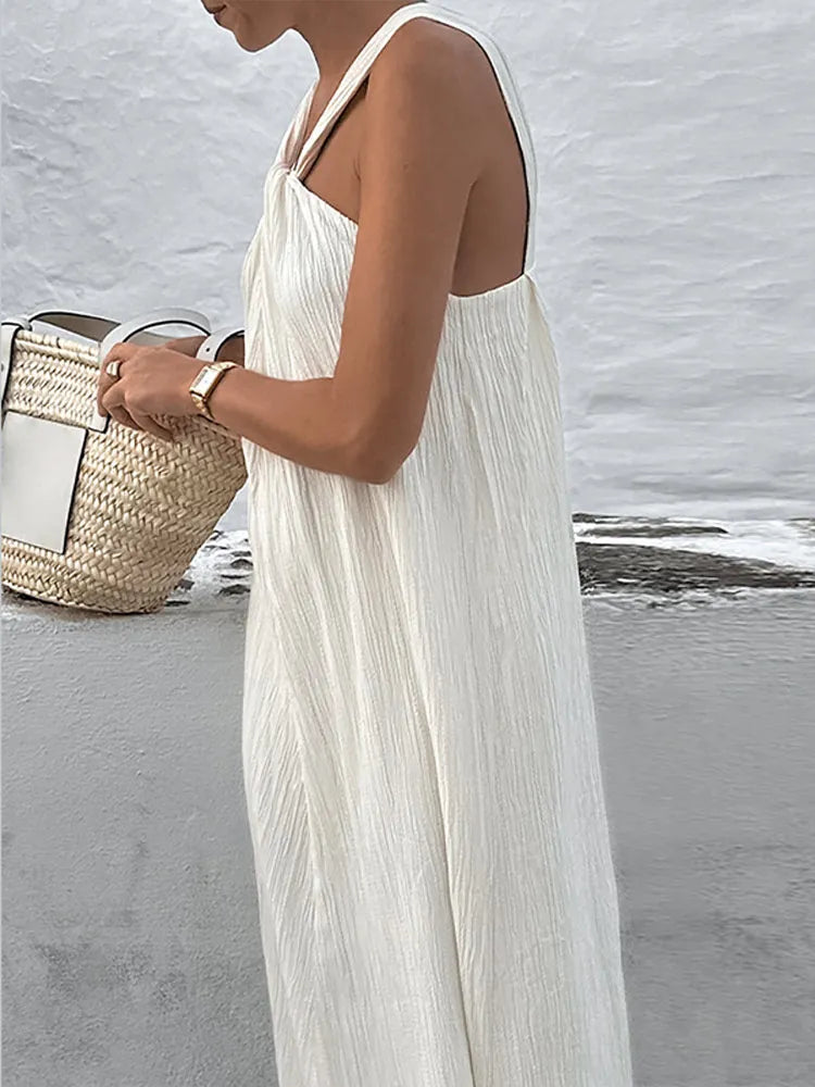 Realmefit  Sexy White Off Shoulder Halter Pleated Maxi Dress Fashion Sleeveless Loose Dresses Summer 2024 Ladies High Streetwear Vestidos