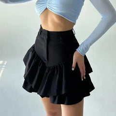 Realmefit   Ruffles Slim Skirts Women   Black Temperament High Waist Skirt Femme Street Casual Folds Splice Elegant Skirt Ladies