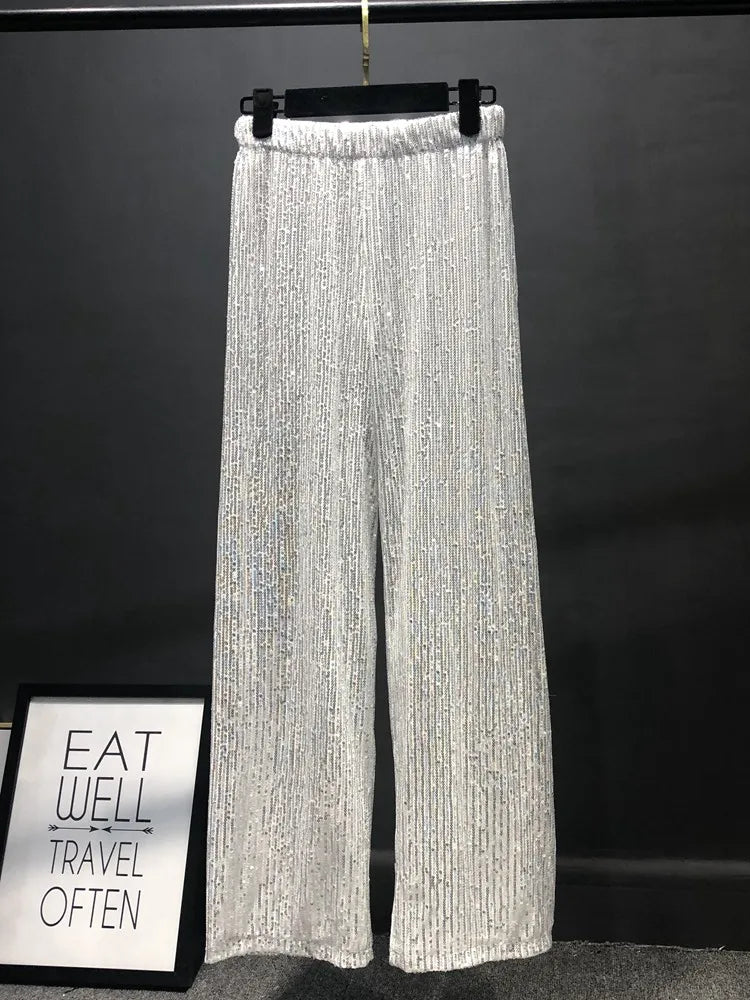 Realmefit  Women Silver Full Sequined Wide Leg Pants Elastic Waist Bling Luxury Chic Capris Casual Gold Long Pants Female Club