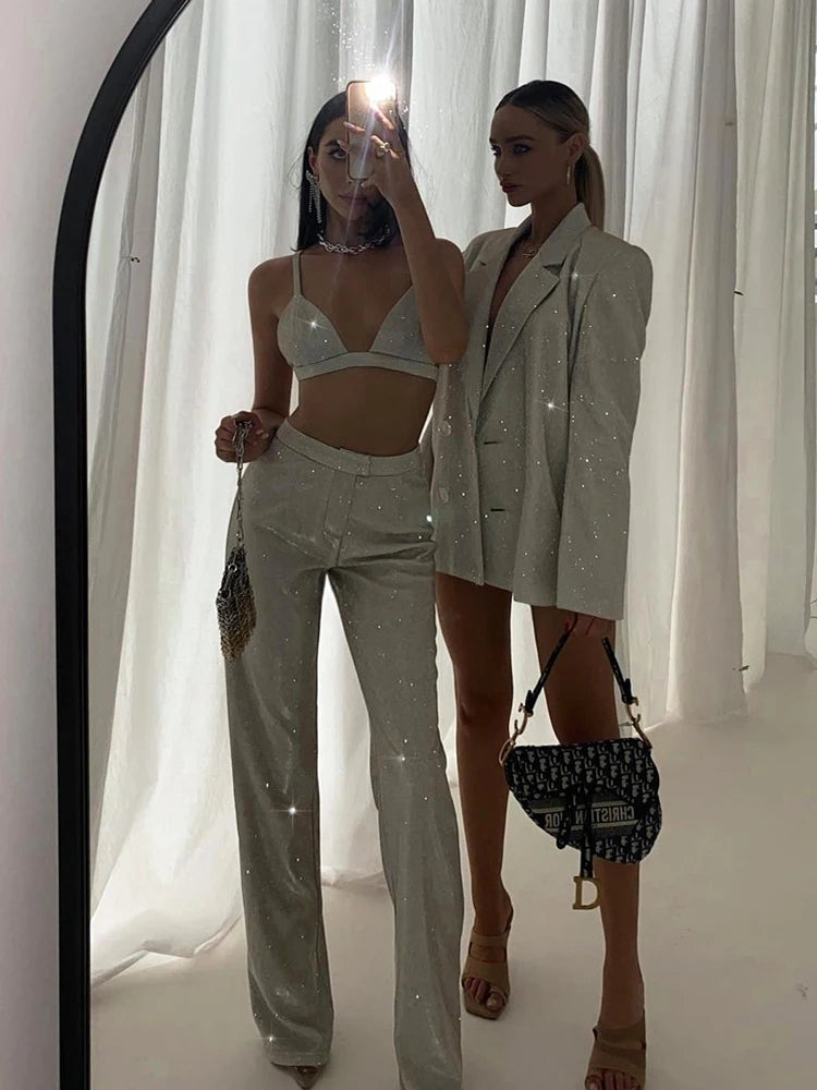 Realmefit   Glitter Silver Party Two Piece Pants Set Women Club Night Outfits Fashion Sparkly Blazer Matching Sets Femme Tracksuit