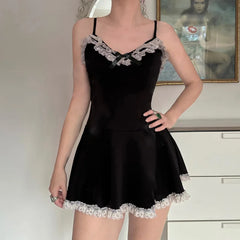 REALMEFIT  -  Bow Lace Trim Spaghetti Strap A-line Mini Dress Sexy Clothes Woman Emo Y2k Summer Black Dresses P77-BI16