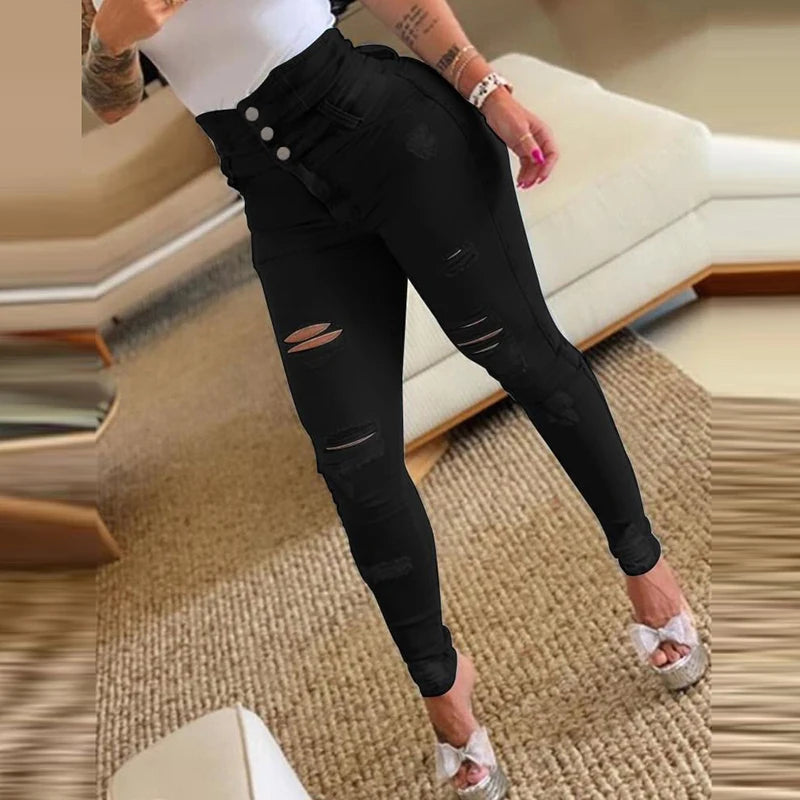 REALMEFIT  -  Casual Pockets Tight Ripped Pants Elegant Women's Commuting Hole Jeans New Autumn Fashion High Waist Button Slim Fit Long Pants