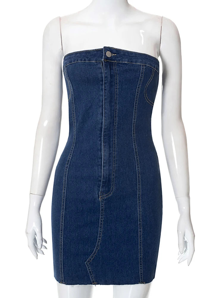 REALMEFIT  -  Off Shoulder Denim Dress Women Summer Sleeveless Backless Sexy Mini Bodycon Dresses Elegant Button Y2K High Street Dress