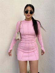 Realmefit Screw Thread Mini Dress For Women   Spring Ribbed Long Sleeve Bodycon Dresses Pink Streerwear Elastic Casual Vestidos