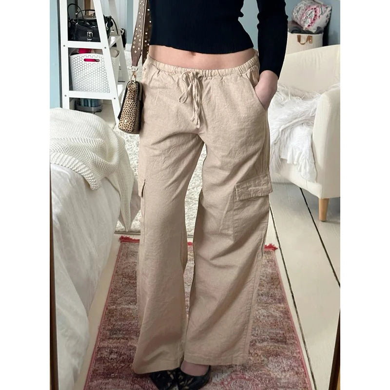 REALMEFIT  -  Casual Pockets Pants Women Simple Slacks Elastic Waist Drawstring Straight Linen Trousers Autumn All-match Bottoms Home