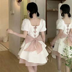 Realmefit  White Tunic Slim Bow Sweet Mini Dress Elegant Puff Sleeve Square Collar Princess Dresses Summer Vestidos for Women