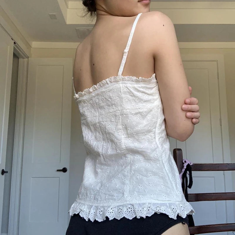 Realmefit   French Vintage White Cami Top Fairy Grunge Kawaii Cute Girl Bow Frill Cropped Women Y2K Aesthetic Milkmaid Tops