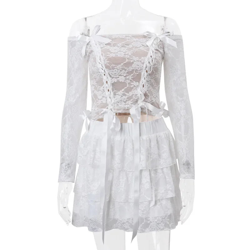 REALMEFIT  -  Y2k Fairycore White Lace Two Piece Skirt Set Women Outfit  for Winter Coquette Aesthetic Tiered Dress C33-CH32