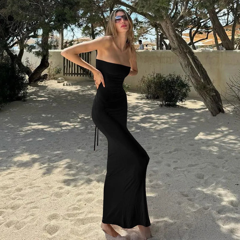 REALMEFIT  -  Lace Up Backless Mermaid Dresses For Women Summer Maxi Dress Pink Black Elegant Sexy Vacation Outfits