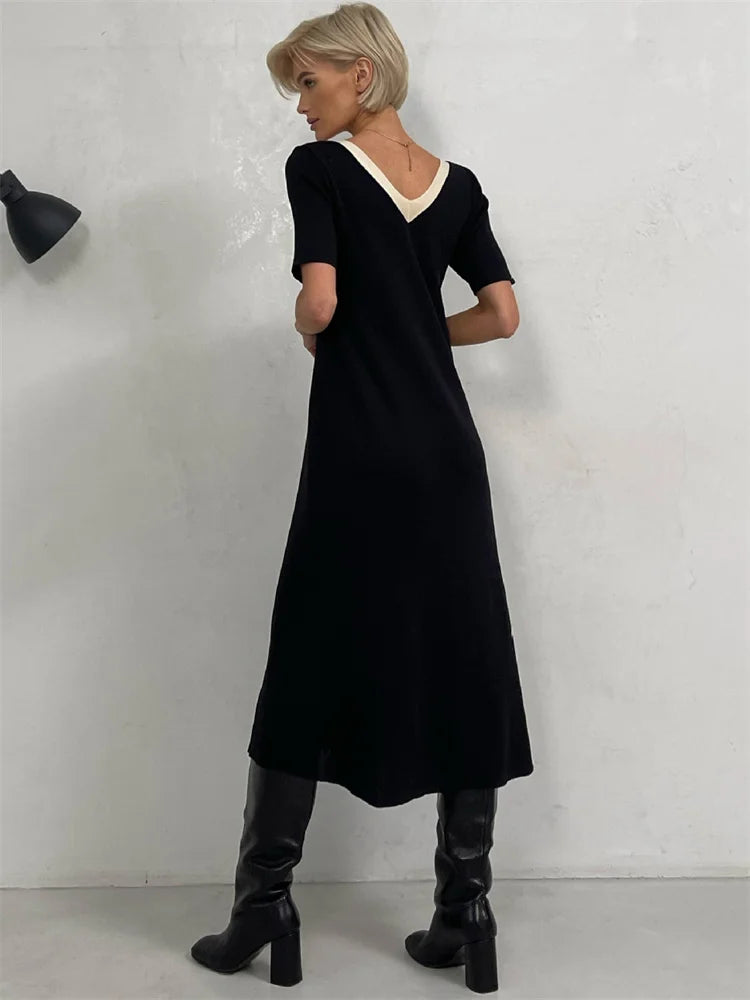 Realmefit   Contrast Slim Fashion Maxi Dress For Women V-Neck Short Sleeve Patchwork Elegant Gown Dress Female Split Long Dress