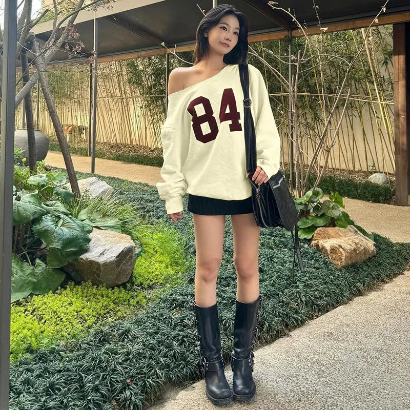 REALMEFIT  -  Y2k Graphic Baggy Hoodies One Shoulder Long Sleeve Tees Casual Loose Pullovers Women Clothing Fall Winter 2024 P70CC40