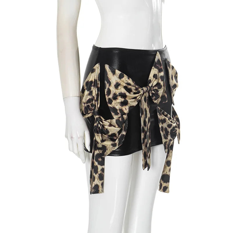 REALMEFIT  -  Leopard Print Bows Faux Leather Skirt Sexy Clothes for Women High Waisted Mini Skirts