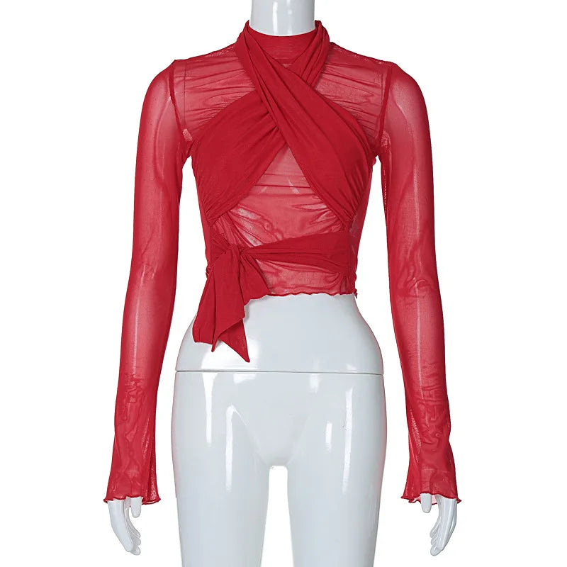 REALMEFIT  -  See Through Mesh Sexy Crop Tops Red Black Long Sleeve Tight Shirt Women Street Fashion Blouses P95-BF14