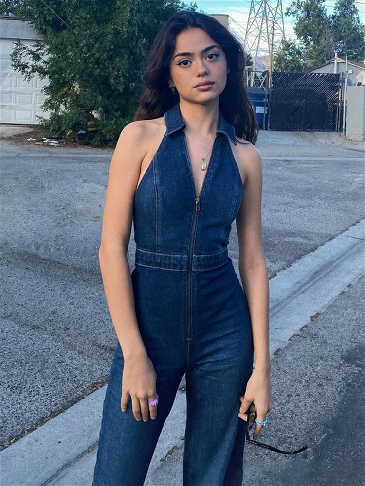 Realmefit  Y2k Denim Jumpsuit Women   New V-Neck Sleeveless Slim Bodycon Jumpsuits Overalls Streetwear One Piece Outfits Jeans