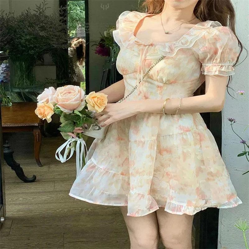 REALMEFIT  -  Fruitful Fashion Dress to Impress Summer Sweet Floral Chiffon Dress Vintage Fairy Square Collar Puff Sleeve Dress Sundress Princess Mini Holiday Dress Vestido