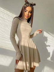 Realmefit  Women Turtleneck Long Sleeve Elegant Solid Dresses Ladies Knitted Bottoming A-line Pleated Dress Casual Fashion Streetwear